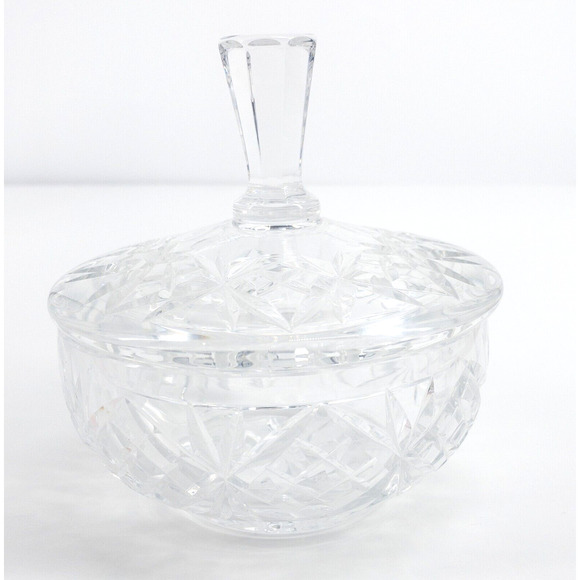 Crystal Covered Candy Dish 5" Wide 5" Tall Etched Tall Handle - Picture 3 of 5